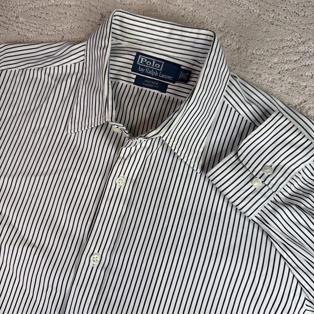 Men Polo Ralph Lauren Andrew Classic Black Striped Long Sleeve Button Shirt 16.5